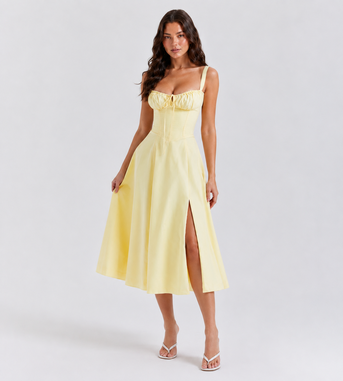 Ruched Corset Slit Midi Dress