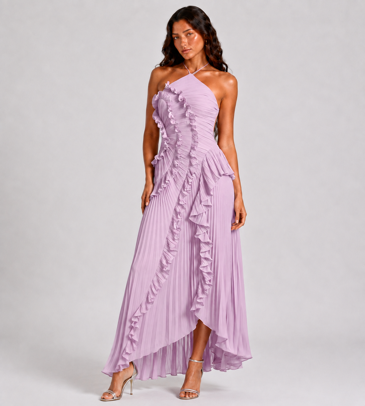 Cascading Ruffle Pleated Halter Maxi Dress - Lilac