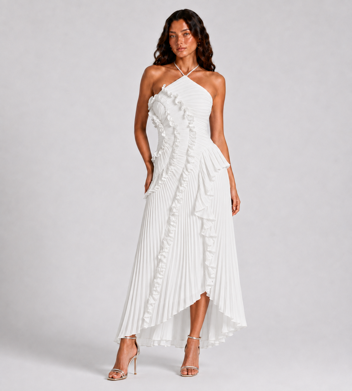 Cascading Ruffle Pleated Halter Maxi Dress - White