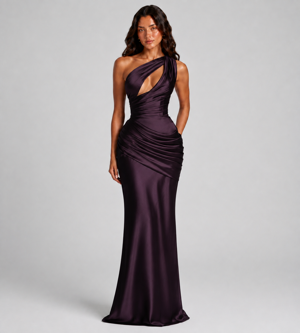 Draped One-Shoulder Cutout Satin Maxi Dress - Plum