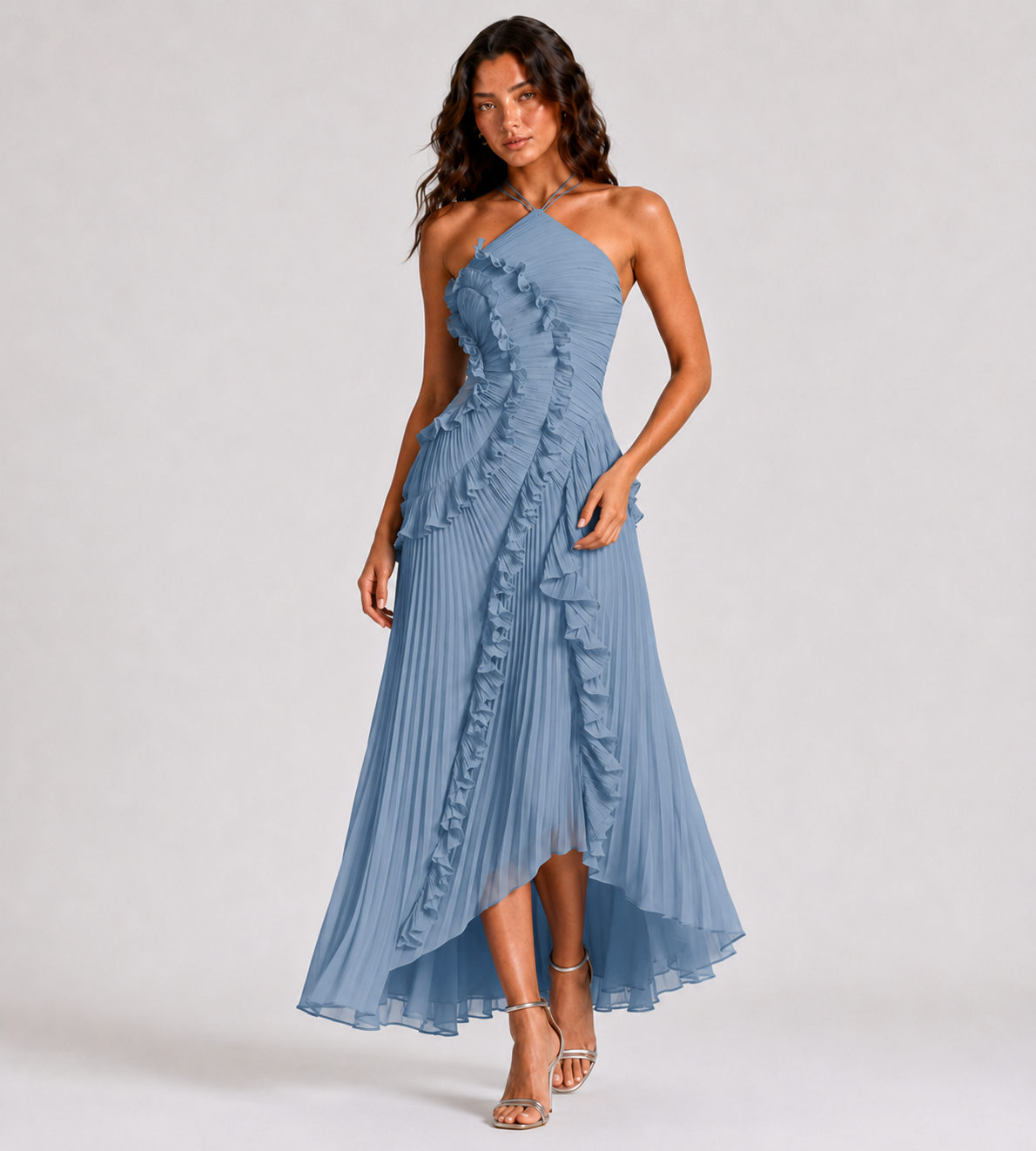 Cascading Ruffle Pleated Halter Maxi Dress - Blue