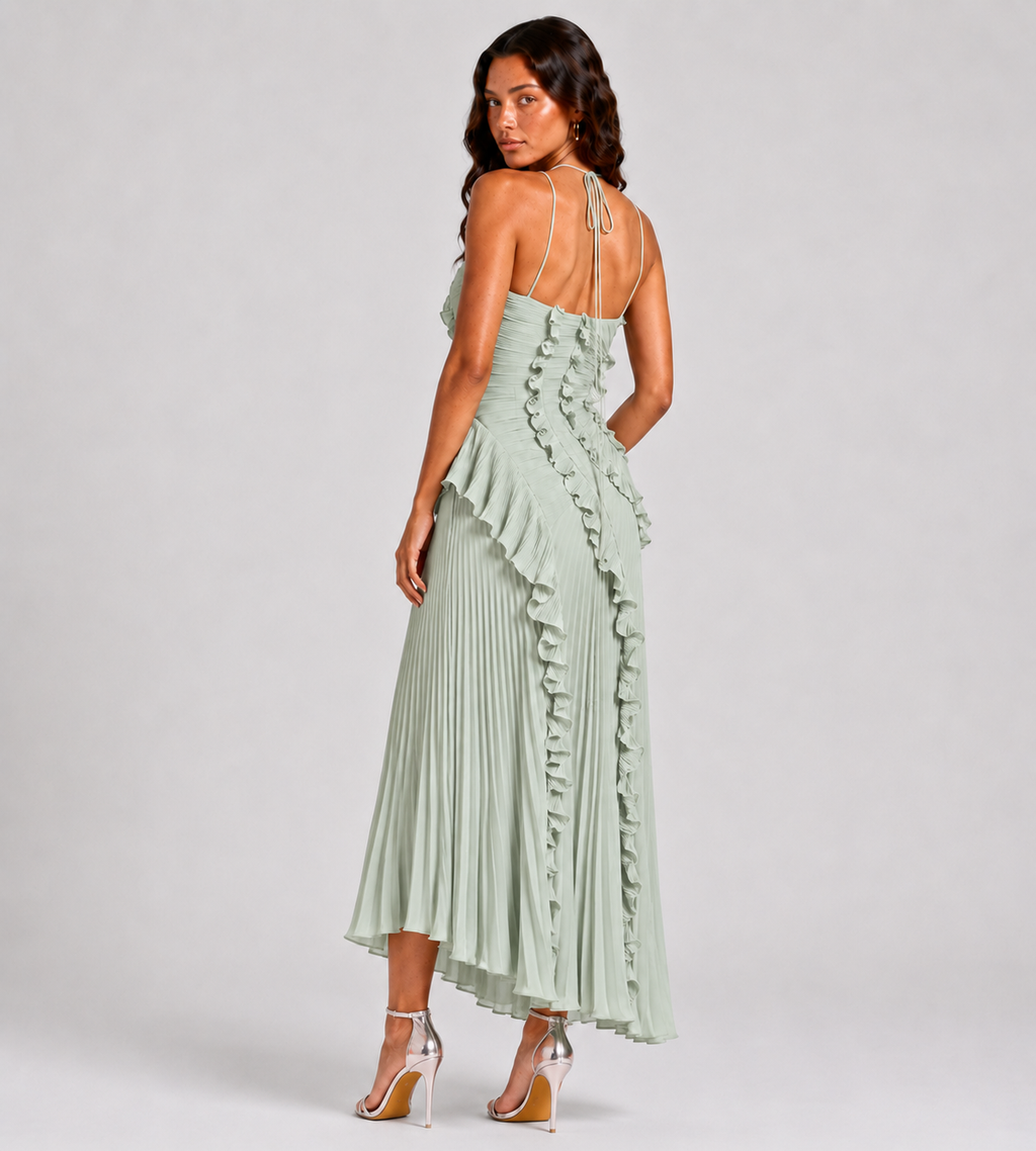 Cascading Ruffle Pleated Halter Maxi Dress - Mint Green