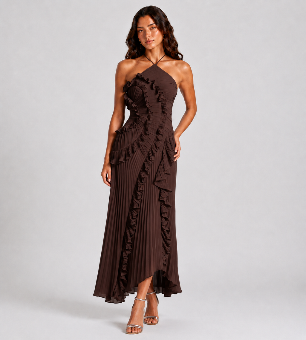 Cascading Ruffle Pleated Halter Maxi Dress - Brown