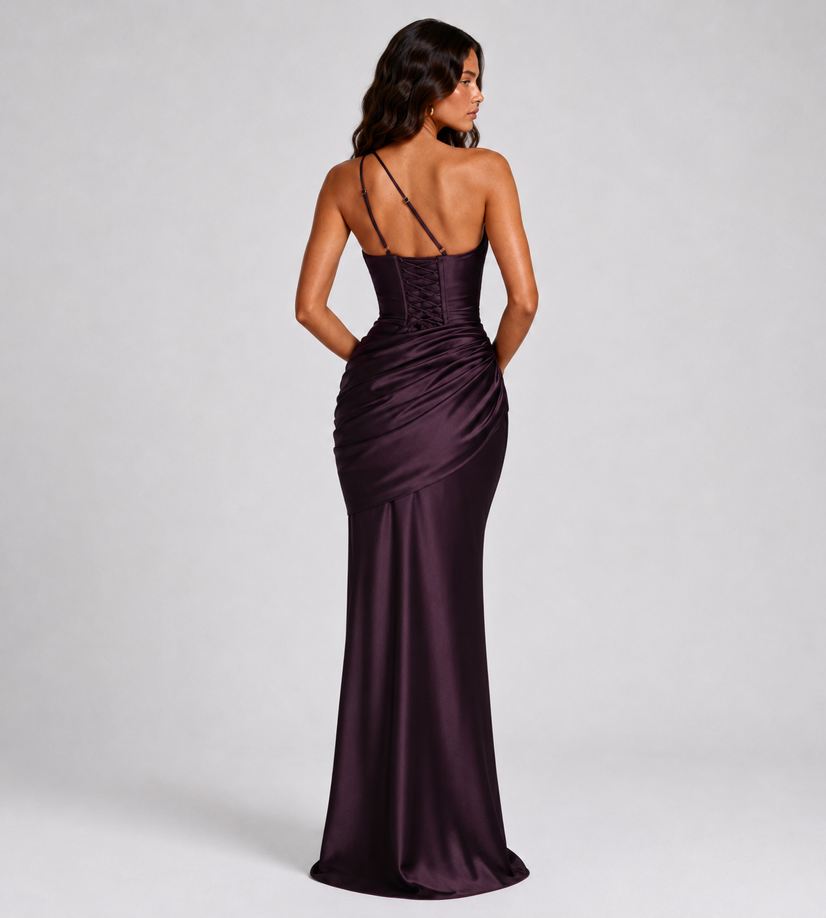 Draped One-Shoulder Cutout Satin Maxi Dress - Plum