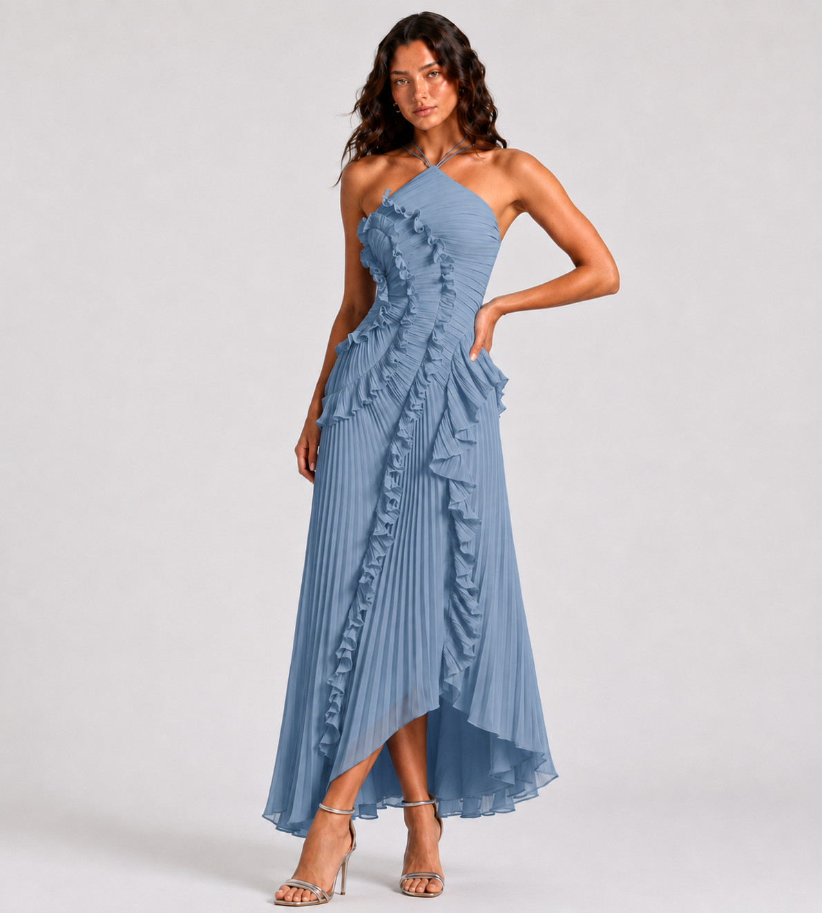 Cascading Ruffle Pleated Halter Maxi Dress - Blue