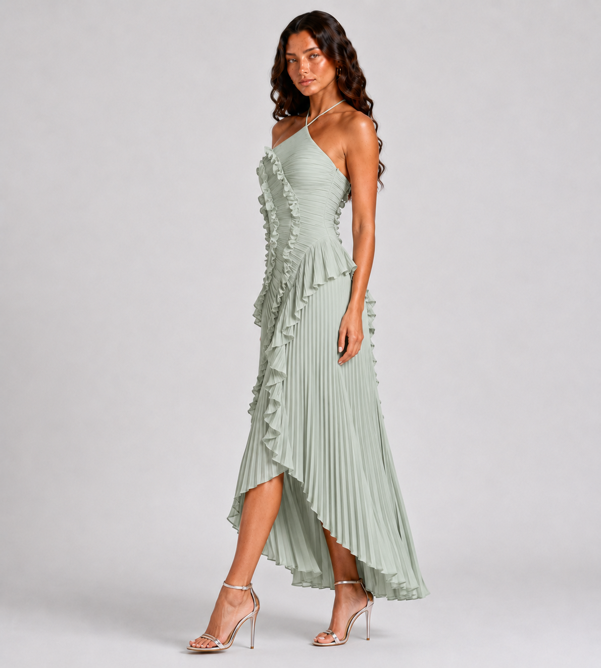 Cascading Ruffle Pleated Halter Maxi Dress - Mint Green