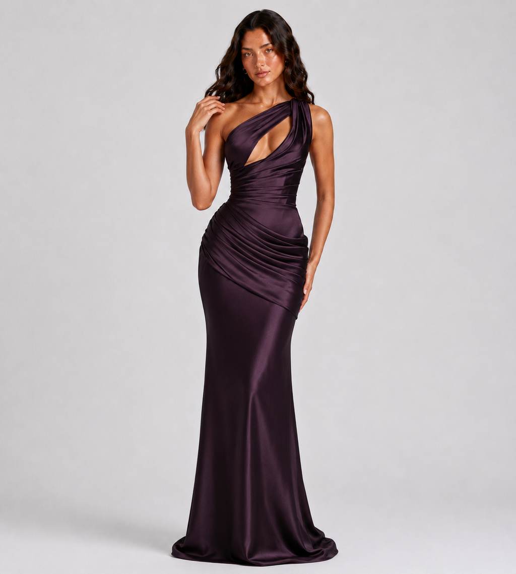 Draped One-Shoulder Cutout Satin Maxi Dress - Plum