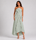 Cascading Ruffle Pleated Halter Maxi Dress - Mint Green