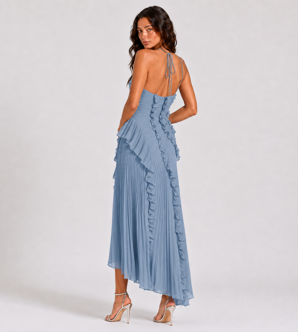 Cascading Ruffle Pleated Halter Maxi Dress - Blue