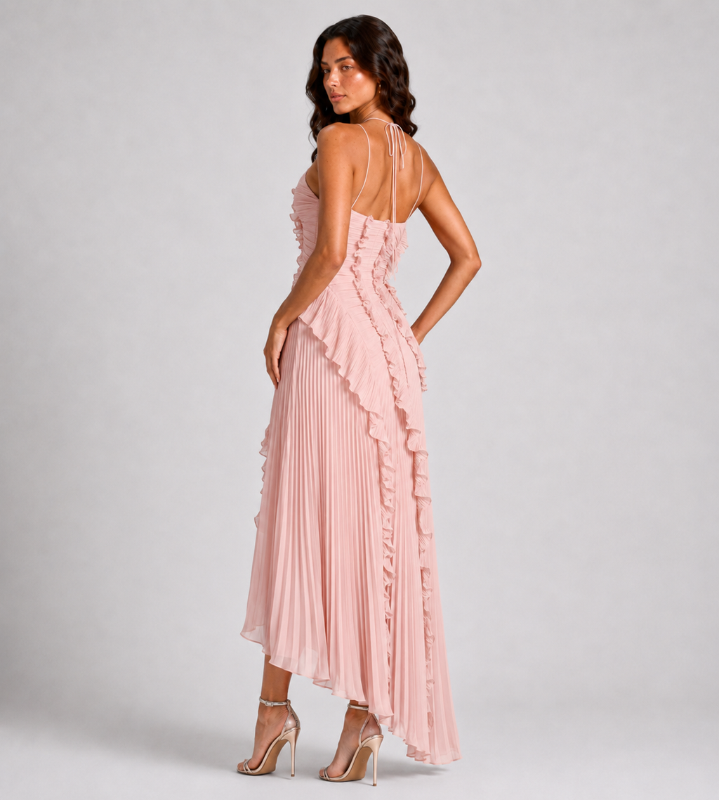 Cascading Ruffle Pleated Halter Maxi Dress - Pink