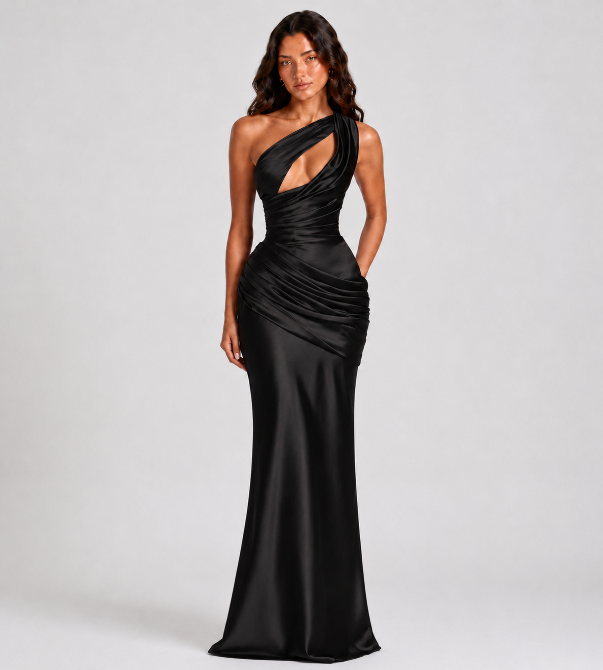 Draped One-Shoulder Cutout Satin Maxi Dress - Black