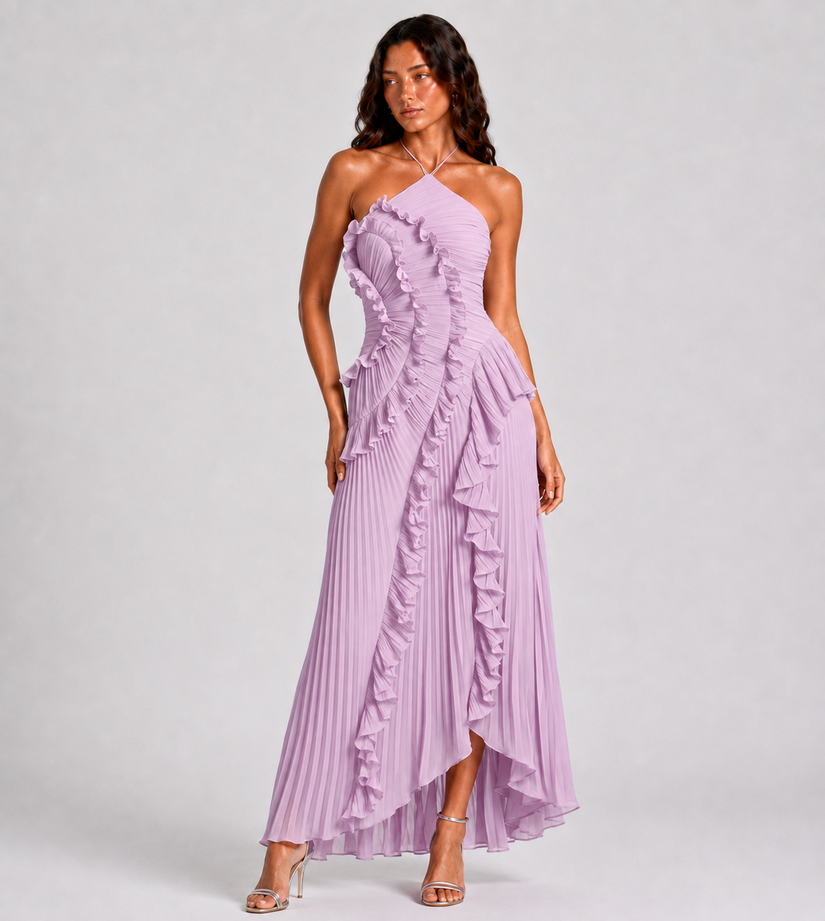 Cascading Ruffle Pleated Halter Maxi Dress - Lilac