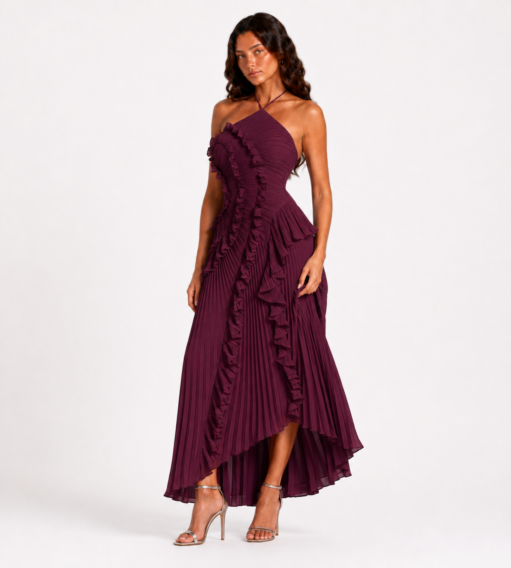Cascading Ruffle Pleated Halter Maxi Dress - Plum