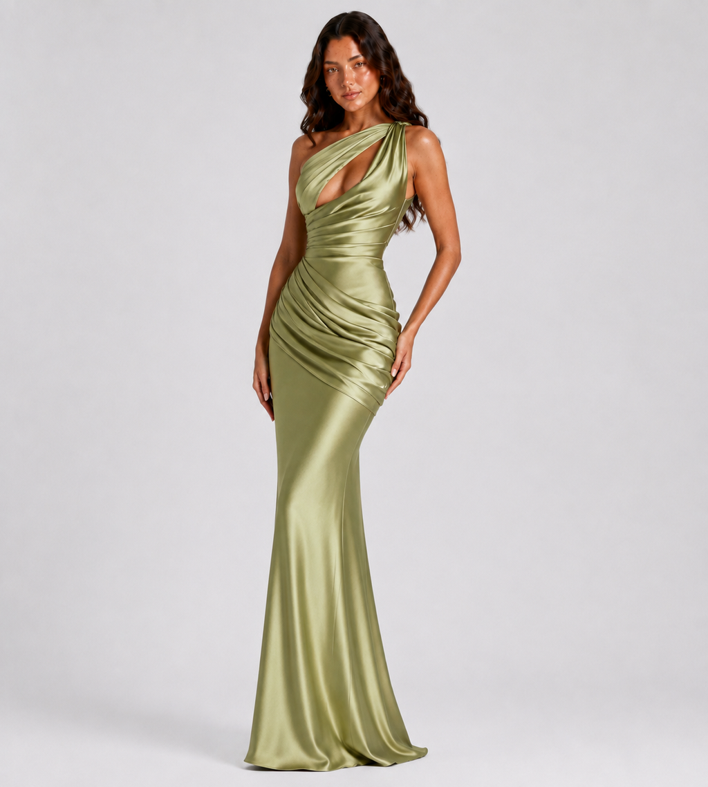 Draped One-Shoulder Cutout Satin Maxi Dress - Olive