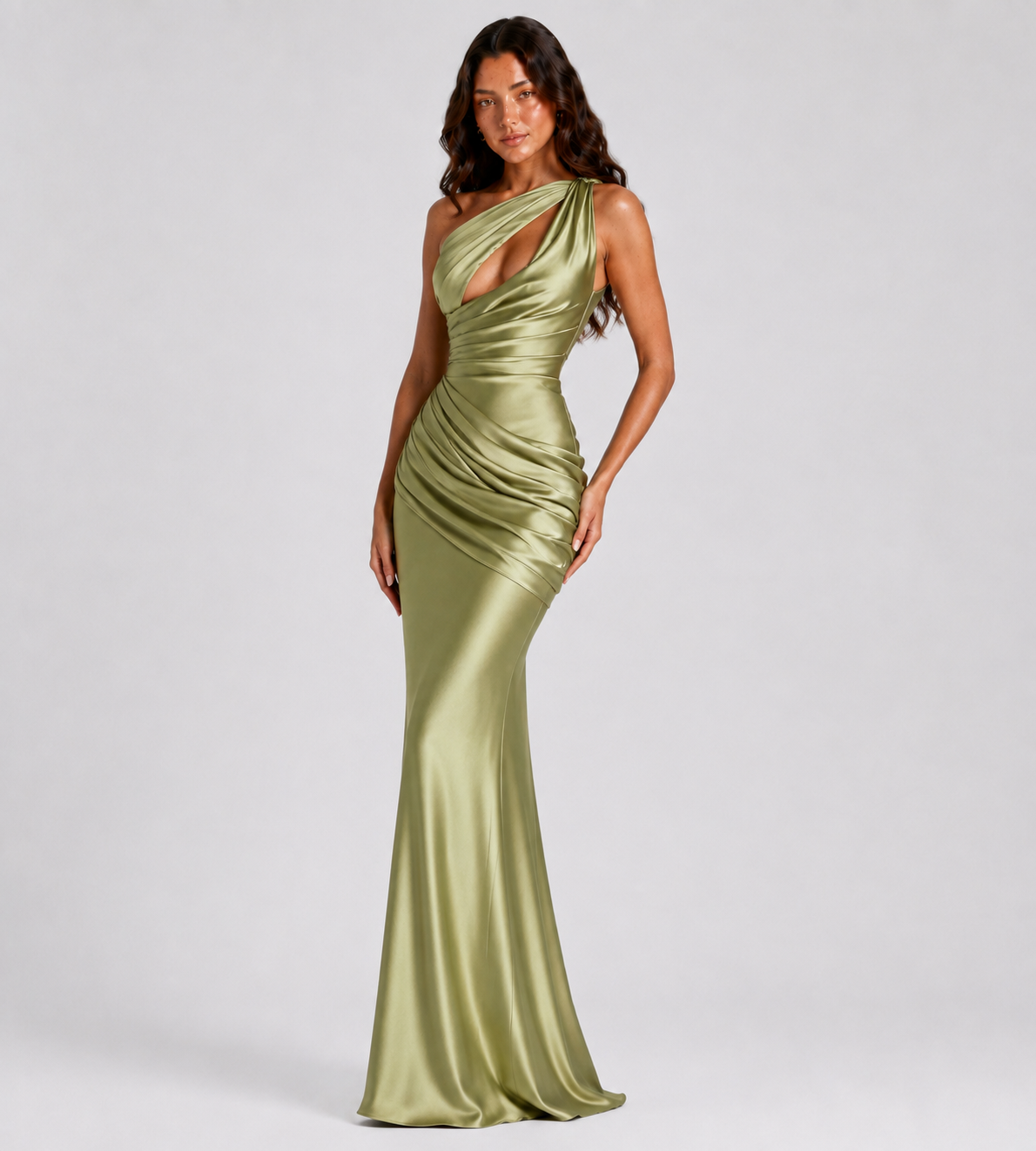 Draped One-Shoulder Cutout Satin Maxi Dress - Olive