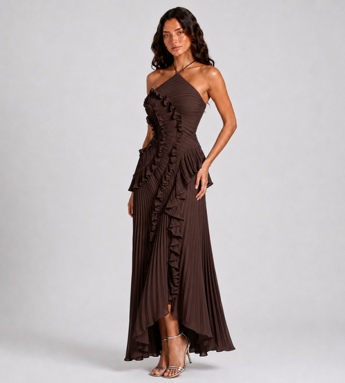 Cascading Ruffle Pleated Halter Maxi Dress - Brown