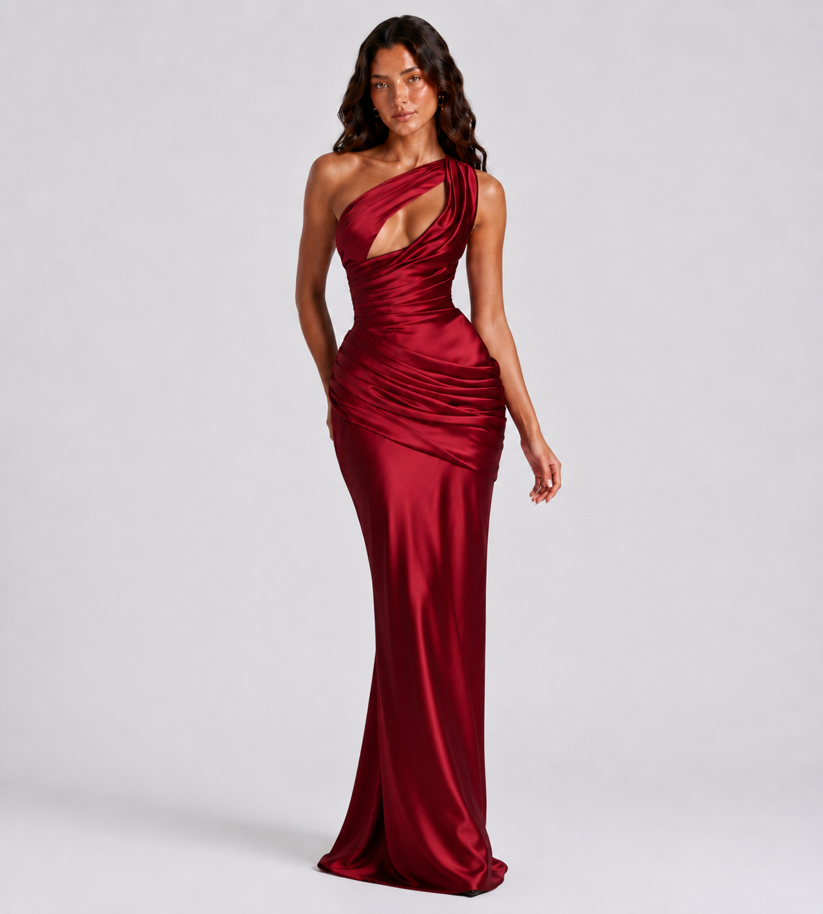 Draped One-Shoulder Cutout Satin Maxi Dress - Red