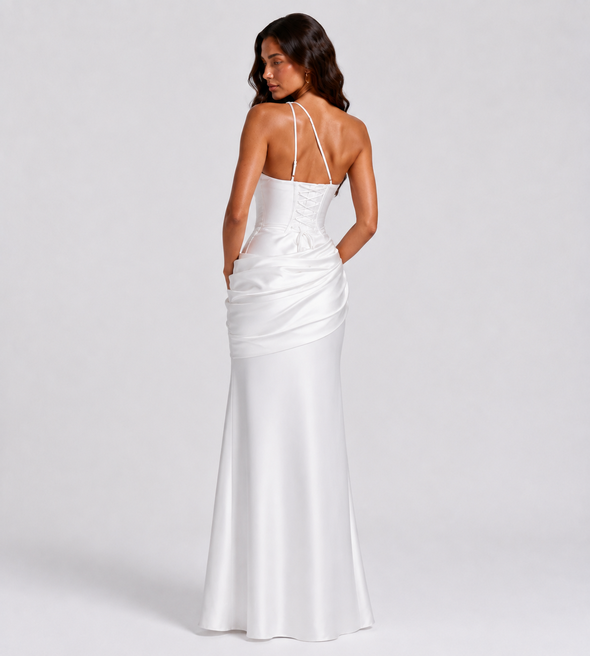 Draped One-Shoulder Cutout Satin Maxi Dress - White