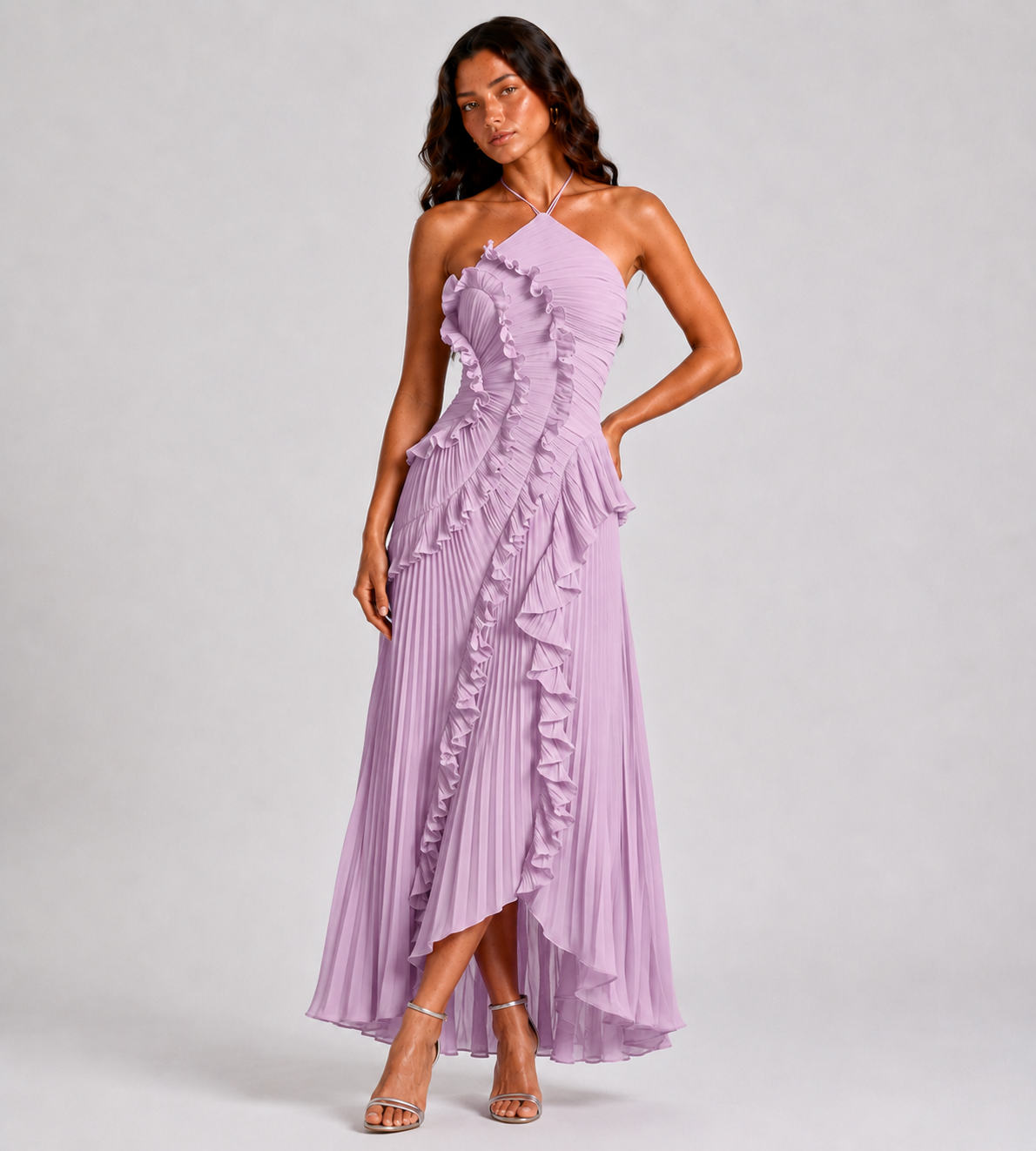 Cascading Ruffle Pleated Halter Maxi Dress - Lilac