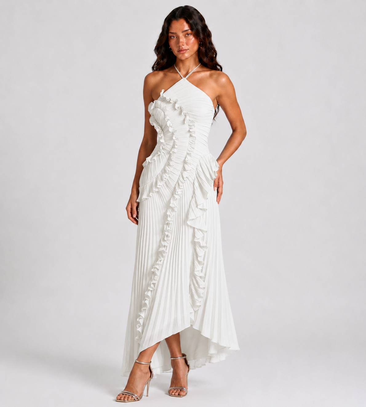 Cascading Ruffle Pleated Halter Maxi Dress - White