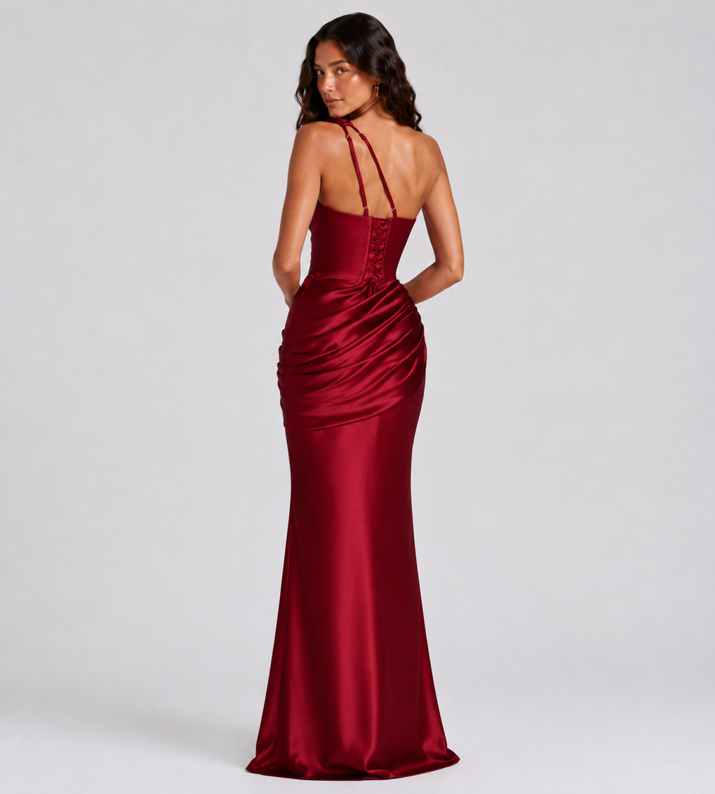 Draped One-Shoulder Cutout Satin Maxi Dress - Red