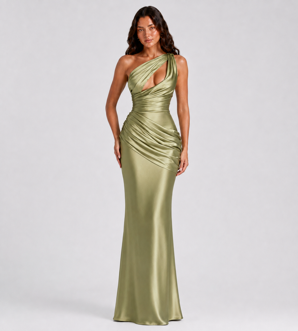 Draped One-Shoulder Cutout Satin Maxi Dress - Olive