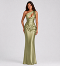 Draped One-Shoulder Cutout Satin Maxi Dress - Olive