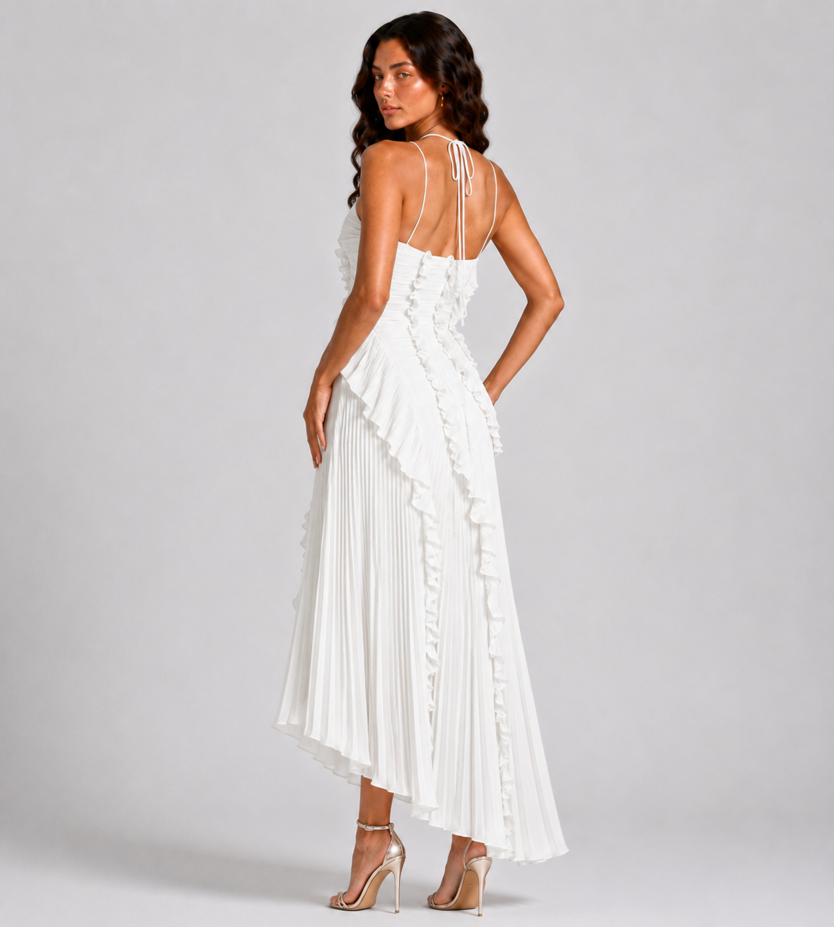 Cascading Ruffle Pleated Halter Maxi Dress - White