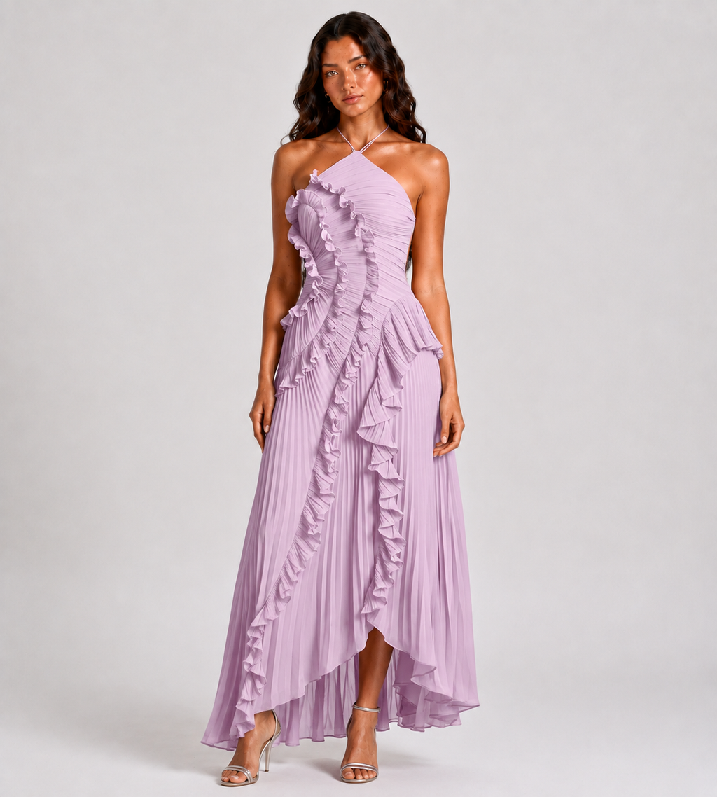 Cascading Ruffle Pleated Halter Maxi Dress - Lilac