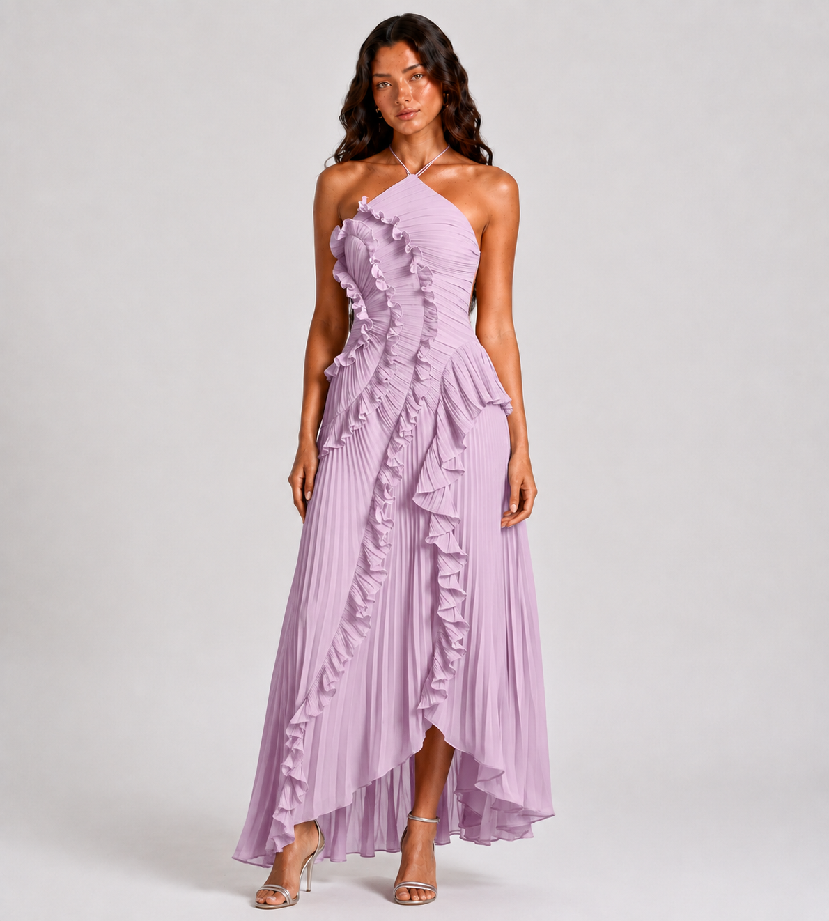Cascading Ruffle Pleated Halter Maxi Dress - Lilac