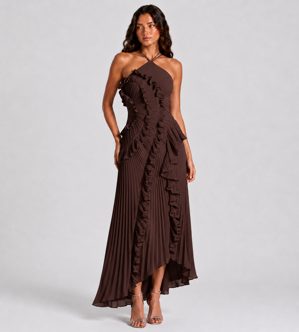 Cascading Ruffle Pleated Halter Maxi Dress - Brown