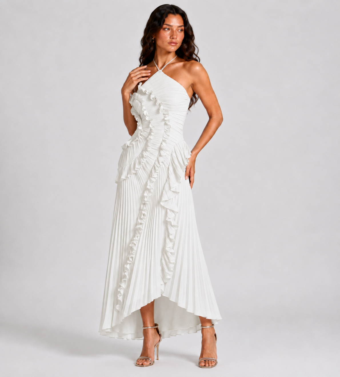 Cascading Ruffle Pleated Halter Maxi Dress - White