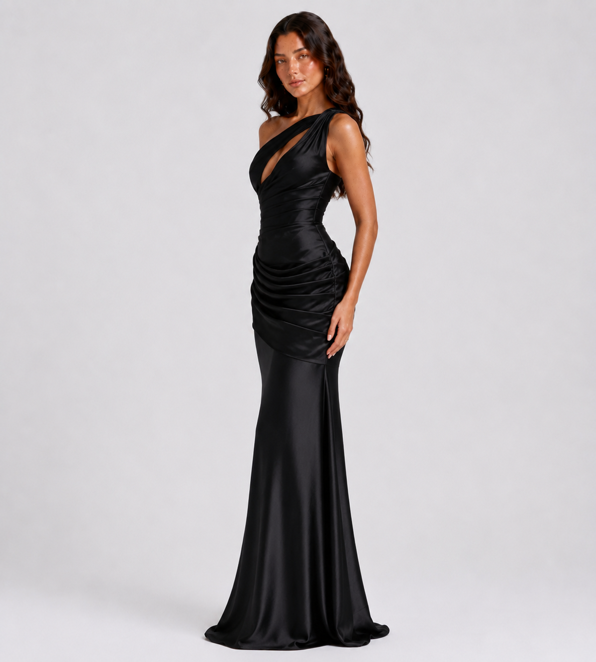 Draped One-Shoulder Cutout Satin Maxi Dress - Black