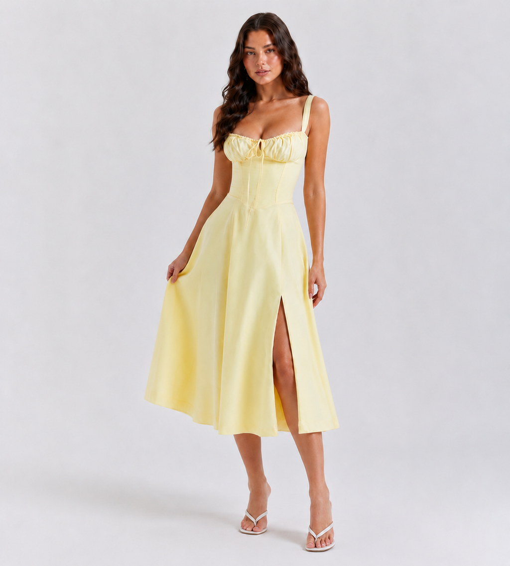 Ruched Corset Slit Midi Dress