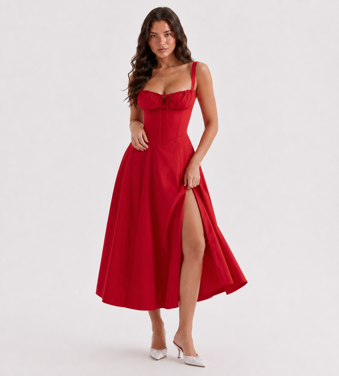 Ruched Corset Slit Midi Dress - Red