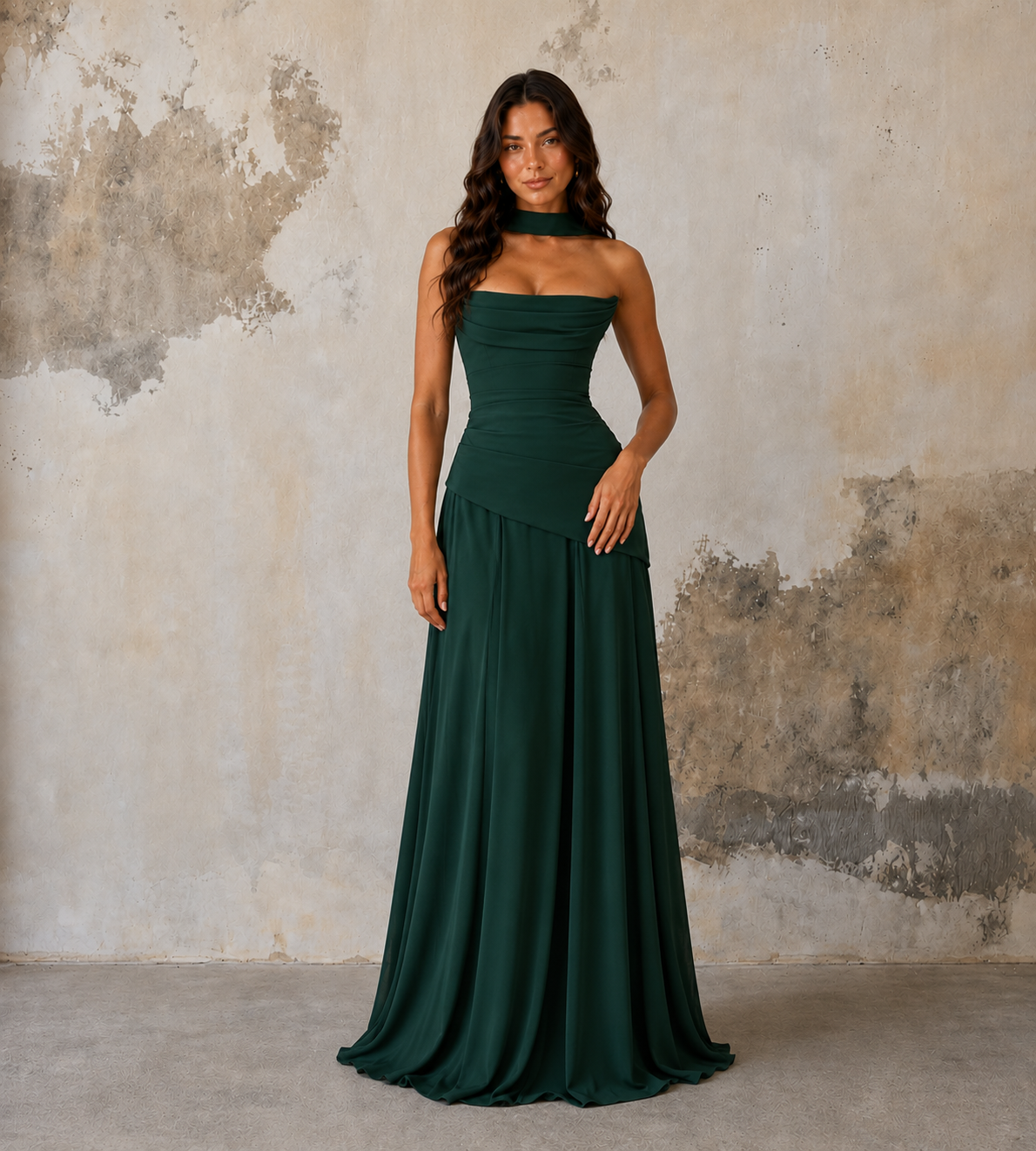 Strapless Scarf Drape Corset Maxi Dress