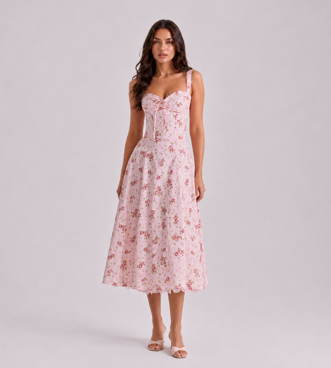 Vintage Pink Floral Corset Midi Dress