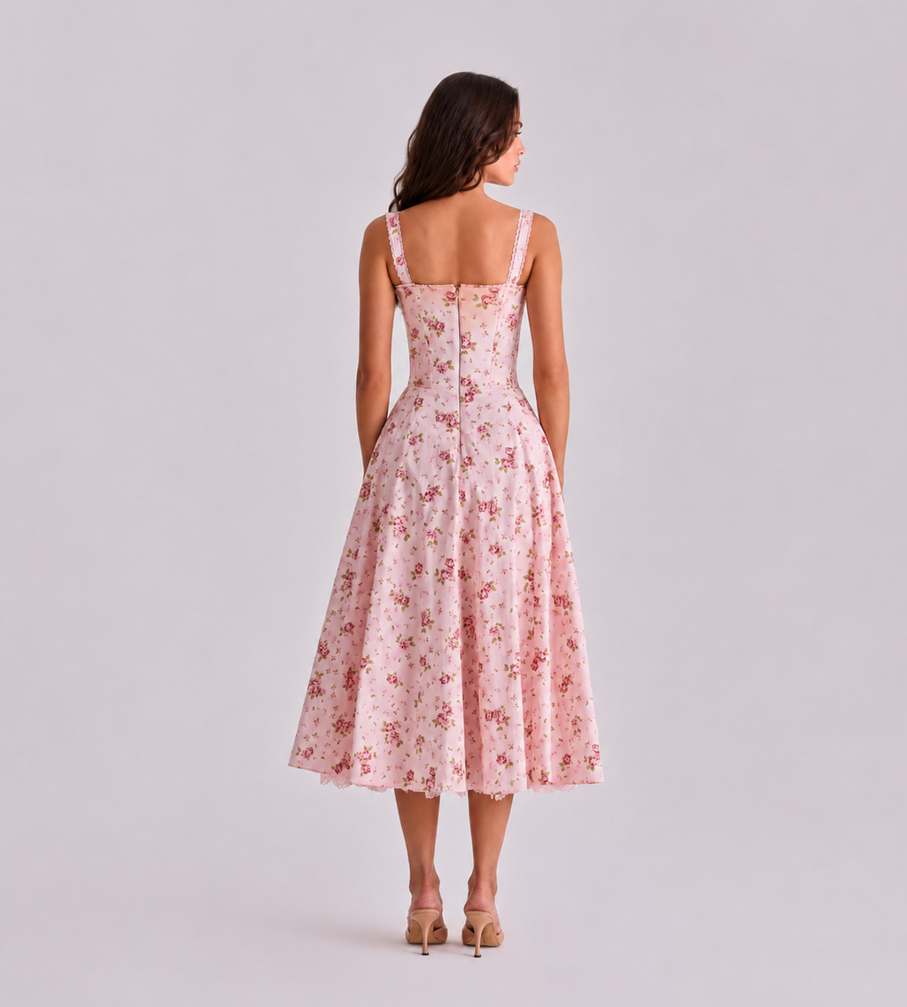 Vintage Pink Floral Corset Midi Dress