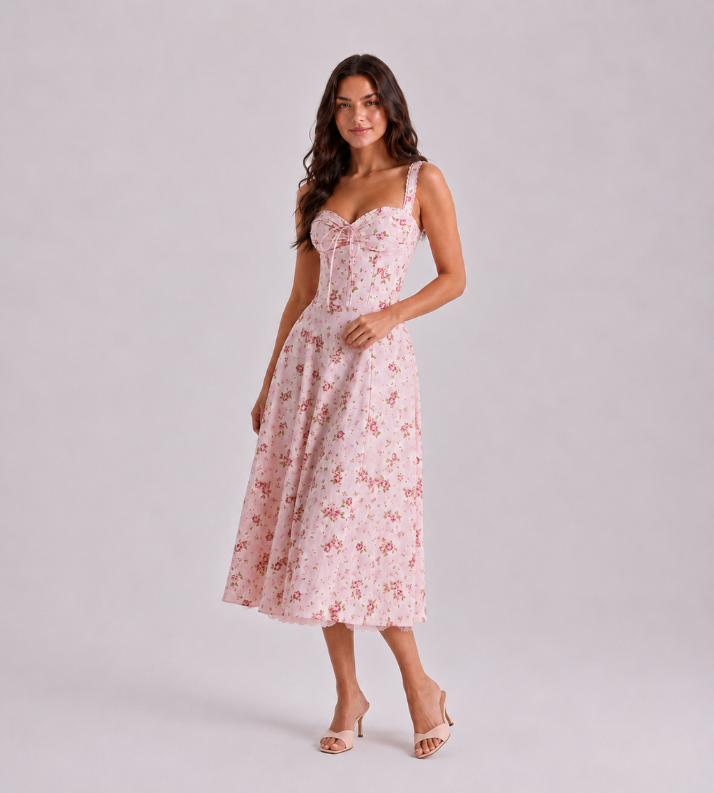 Vintage Pink Floral Corset Midi Dress
