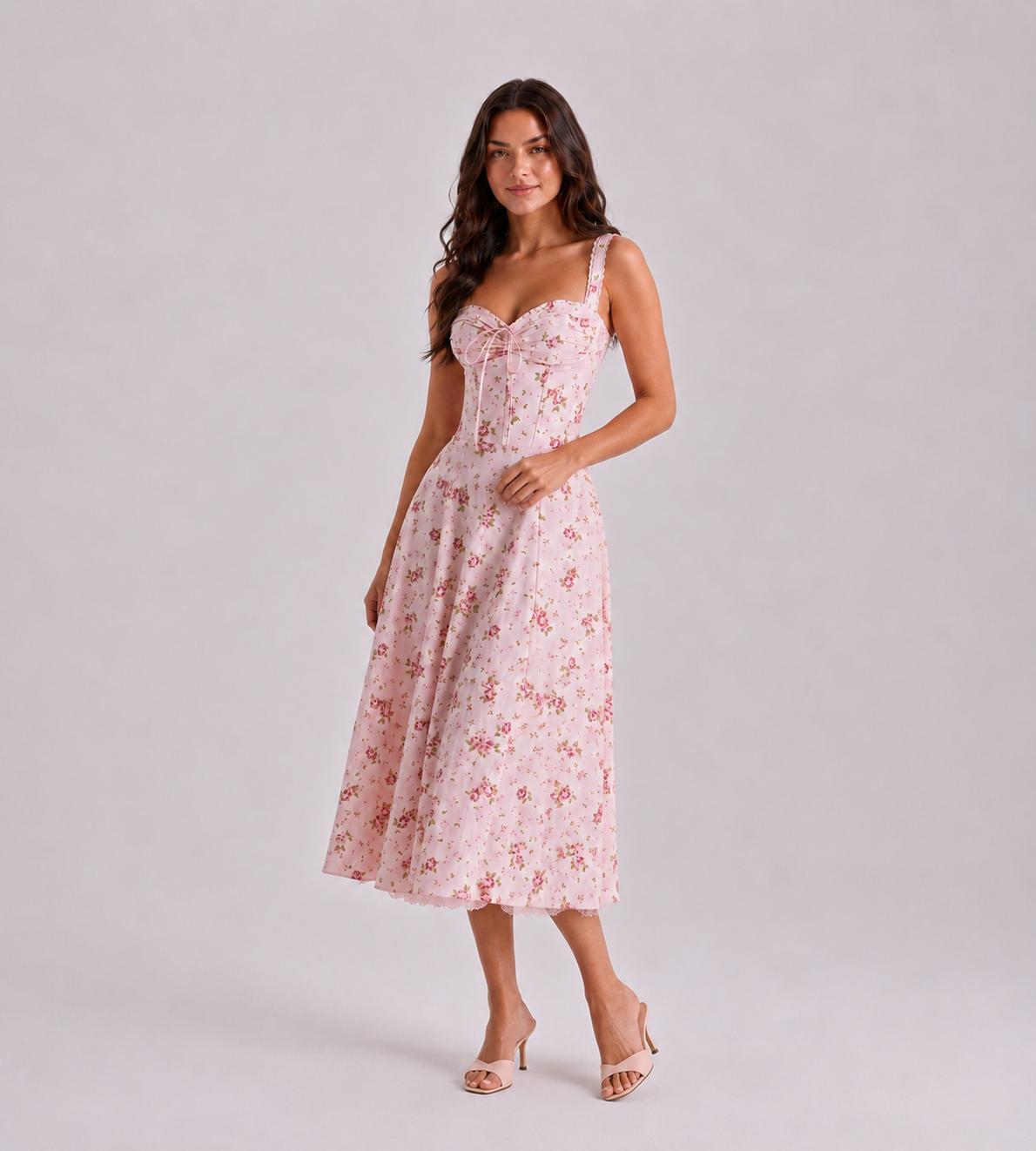 Vintage Pink Floral Corset Midi Dress