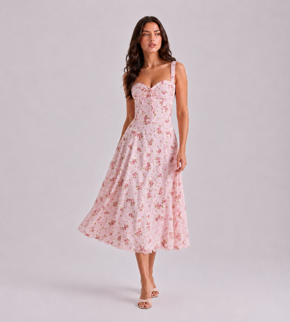 Vintage Pink Floral Corset Midi Dress
