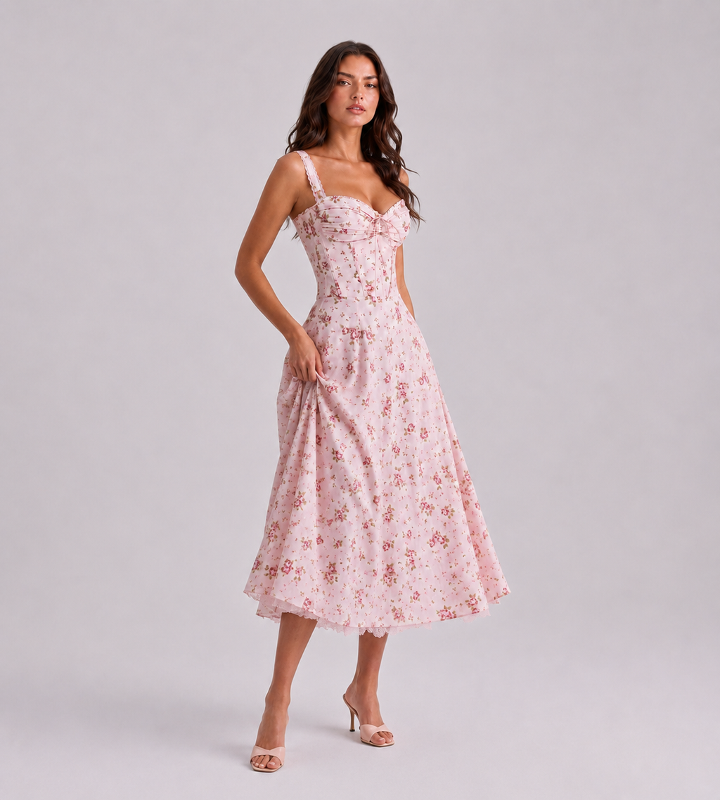 Vintage Pink Floral Corset Midi Dress