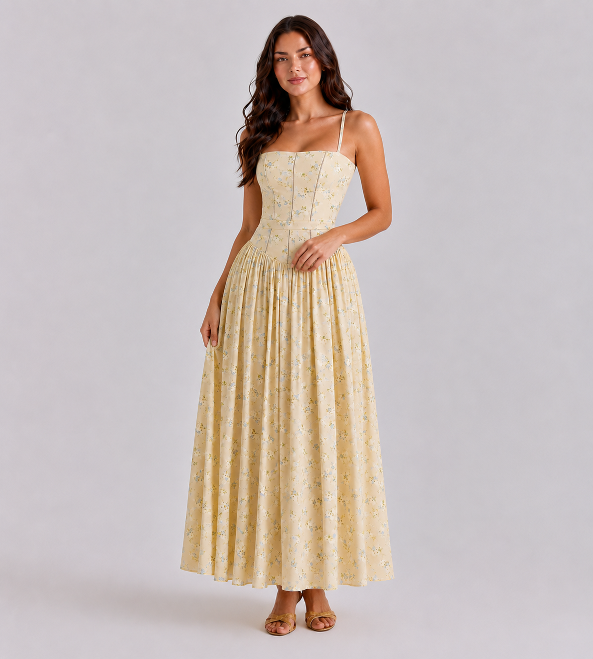 Summer Lemon Floral Midi Dress