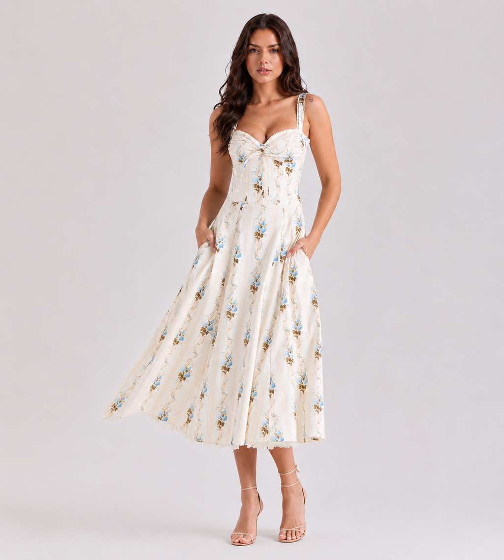 Cream Floral Print Corset Midi Dress