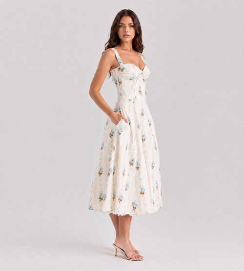 Cream Floral Print Corset Midi Dress