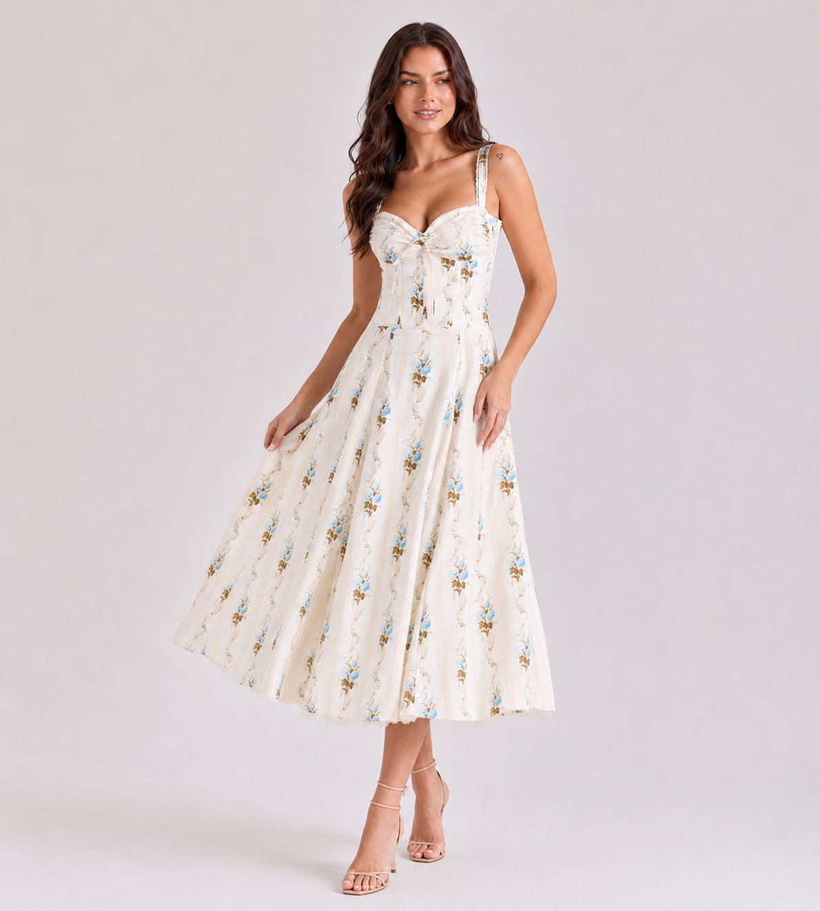 Cream Floral Print Corset Midi Dress