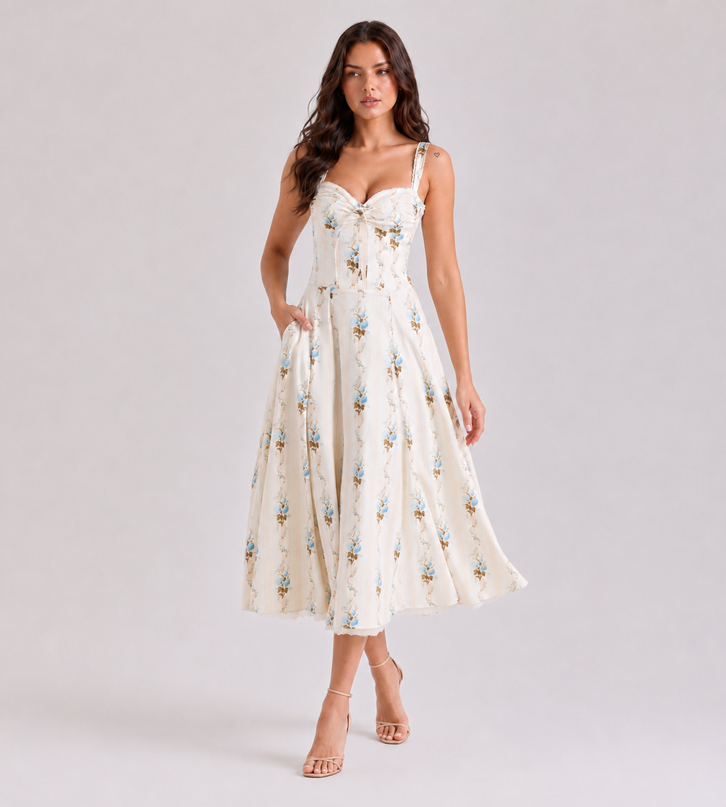 Cream Floral Print Corset Midi Dress