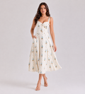 Cream Floral Print Corset Midi Dress