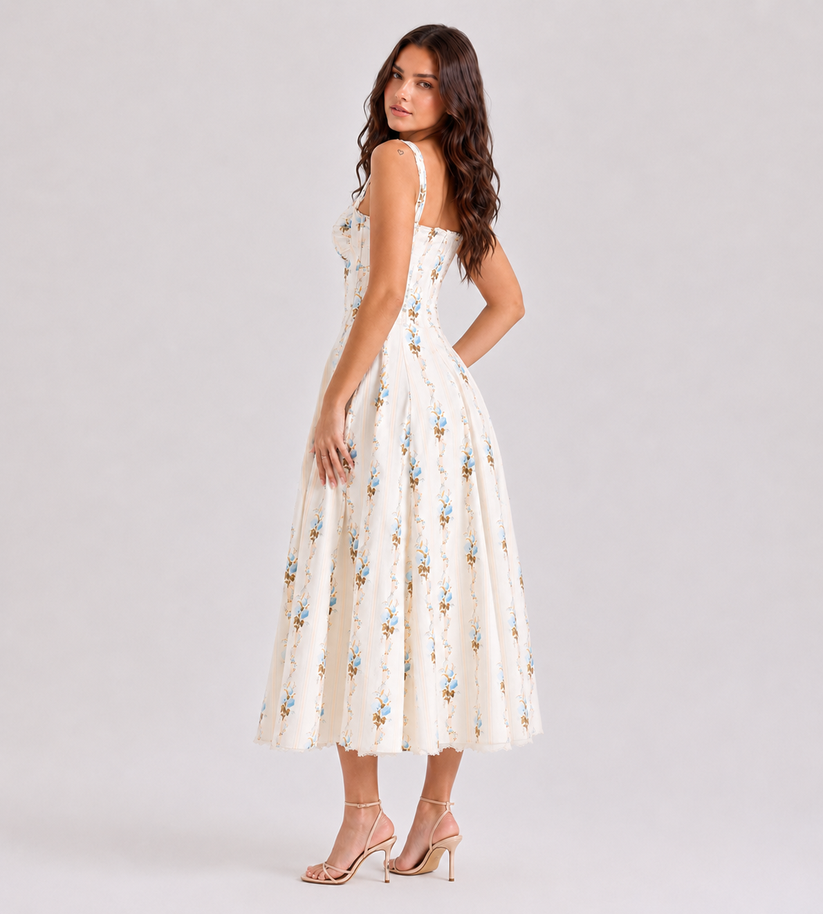 Cream Floral Print Corset Midi Dress