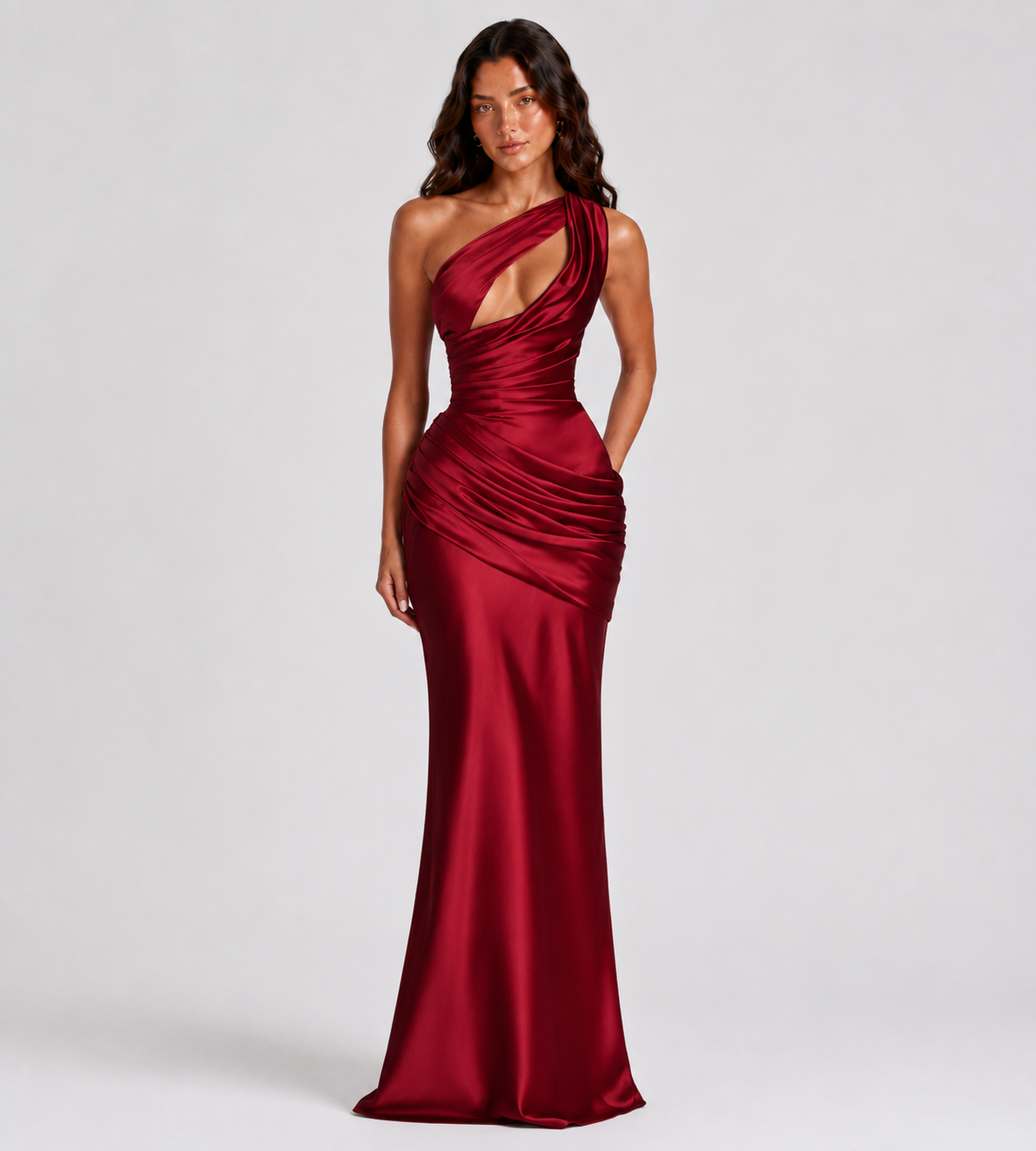 Draped One-Shoulder Cutout Satin Maxi Dress - Red